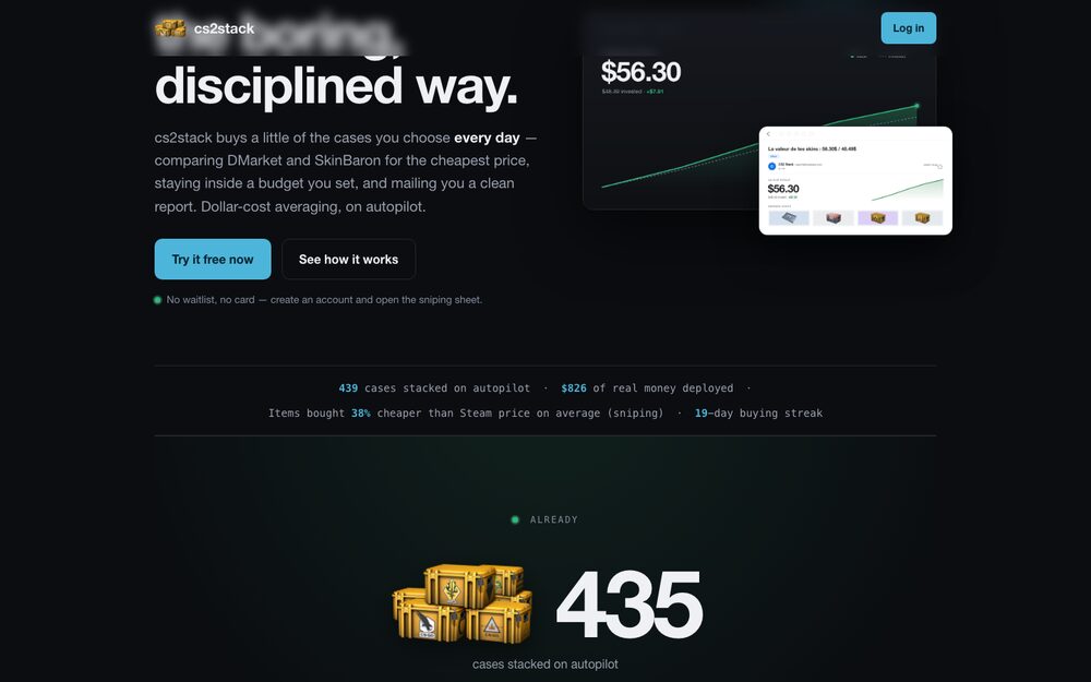 The cs2stack landing — live figures from the founder's cash-market ledger