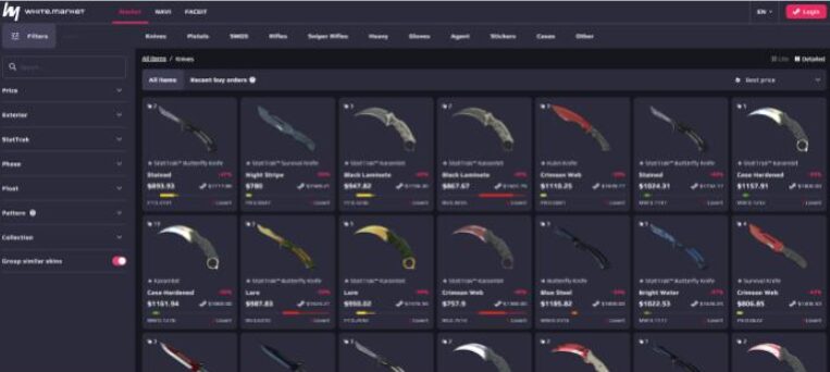 A third-party marketplace's knife listings — the tier that repriced overnight in 2025.