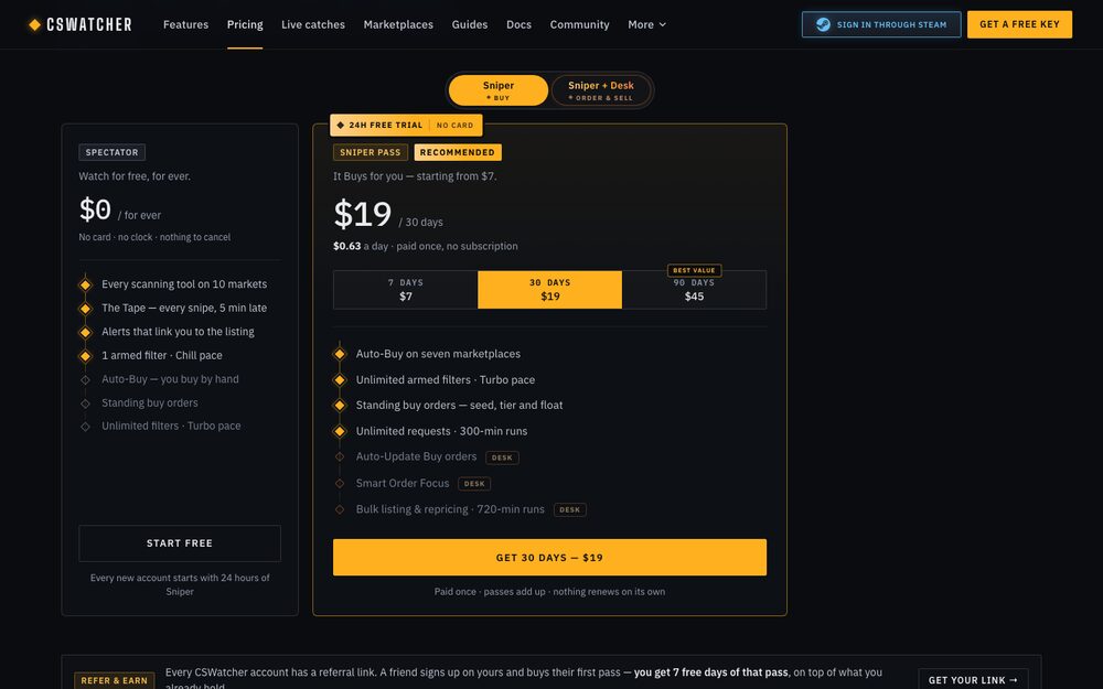 CSWatcher's published plans — free Spectator tier, paid Sniper pass