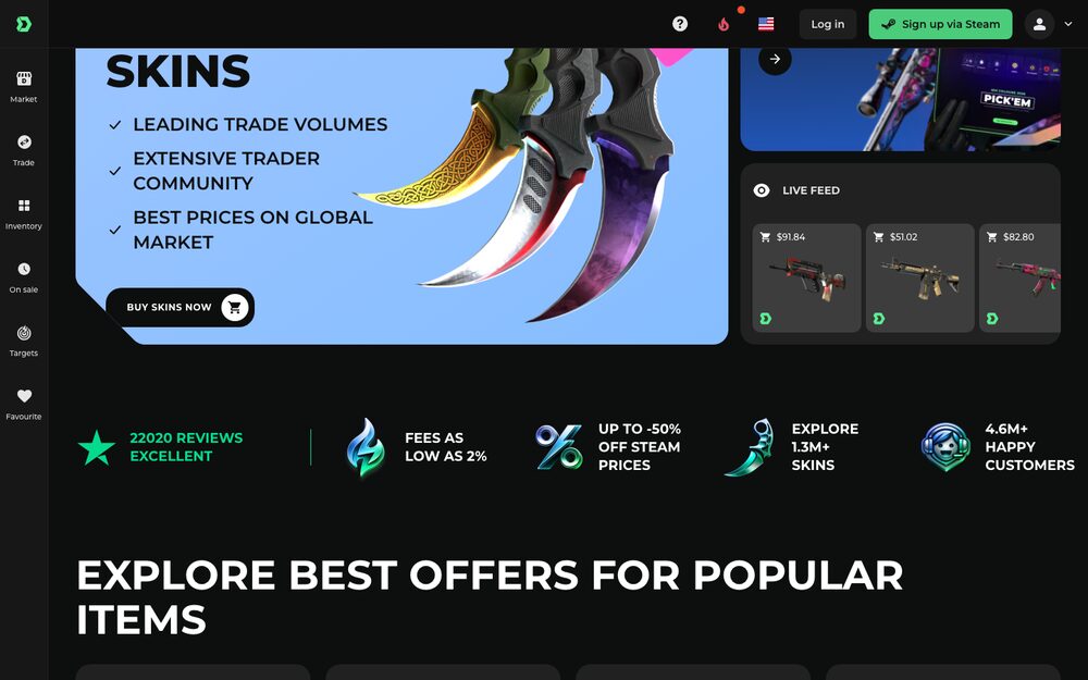 DMarket's storefront — global catalog, on-site inventory