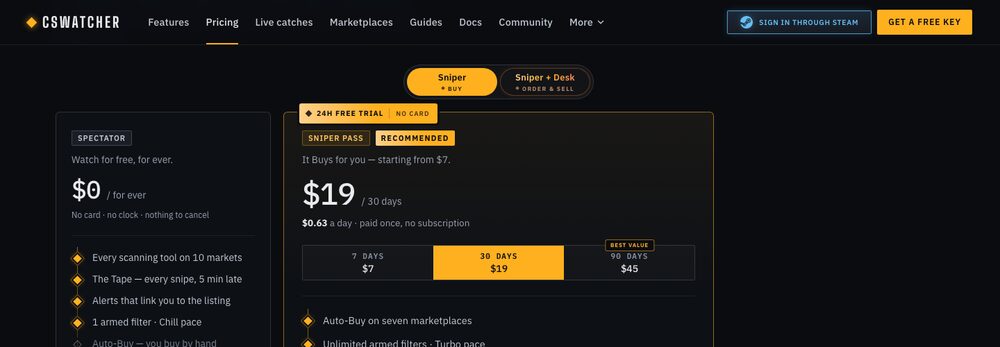 A sniping tool's pricing page — what the paid tier actually buys