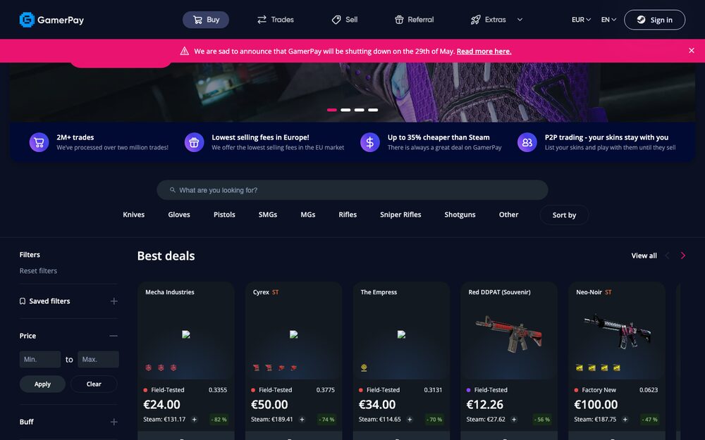 GamerPay's storefront — with the shutdown banner across the top