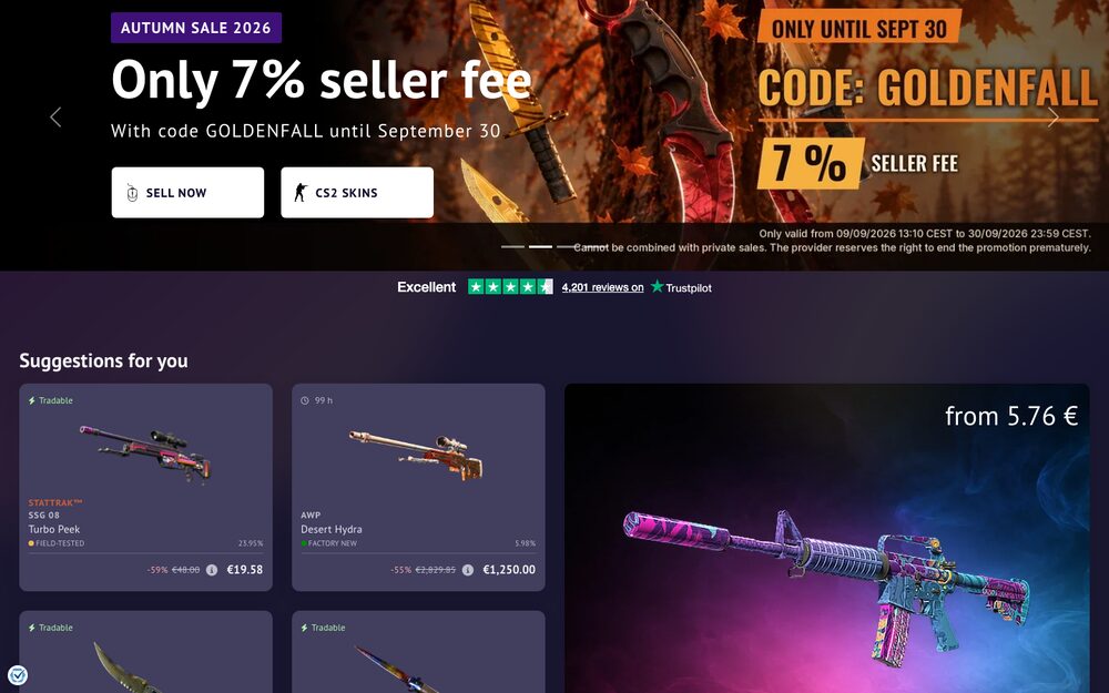 SkinBaron's front page — the German venue's autumn fee promo