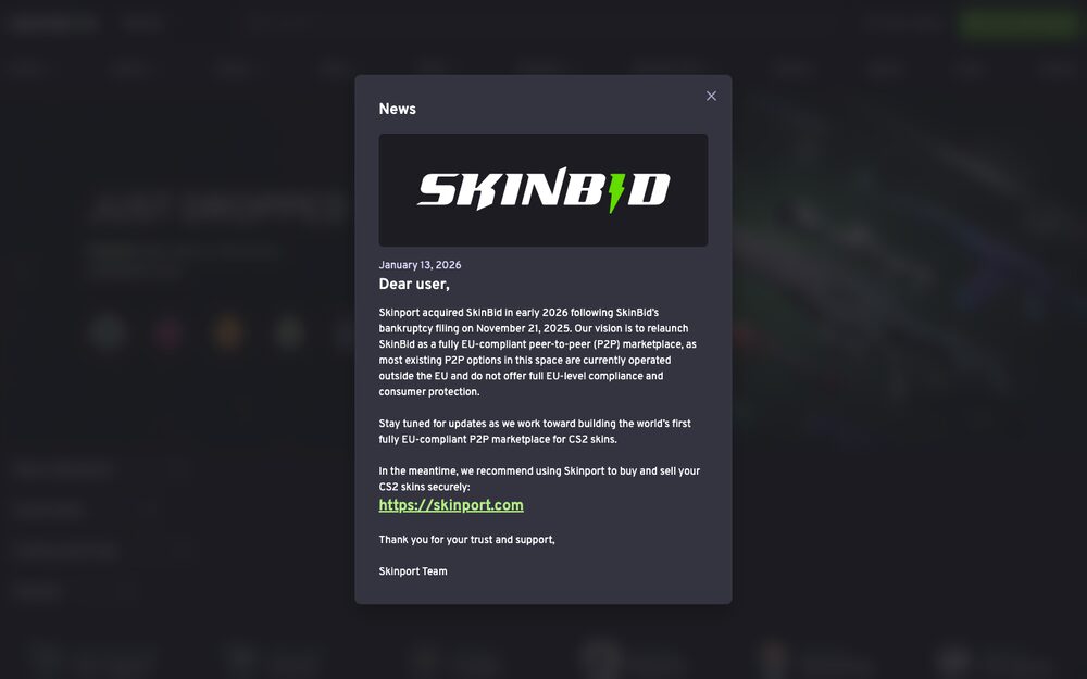 SkinBid's announcement modal — the Skinport acquisition notice