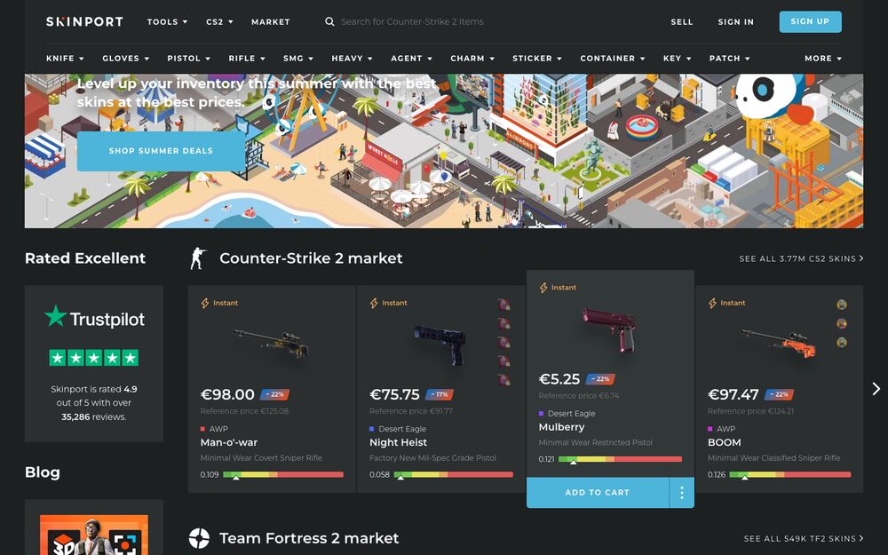 Skinport's CS2 market — floats and cash prices on every row
