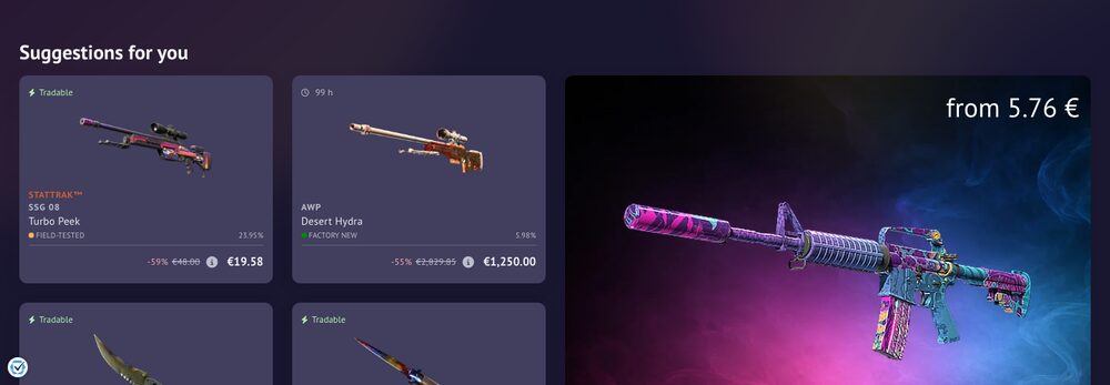 SkinBaron's case and knife listings in euros