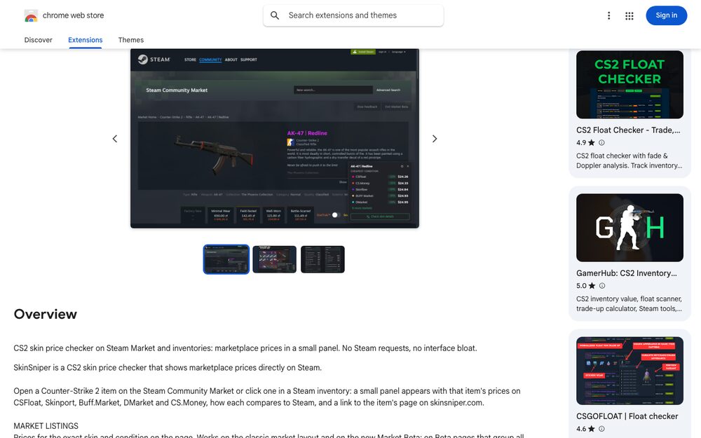 SkinSniper on the Chrome Web Store — prices injected into Steam pages