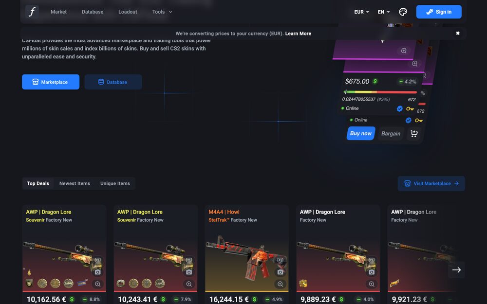 CSFloat's live Top Deals row — discounts against reference price