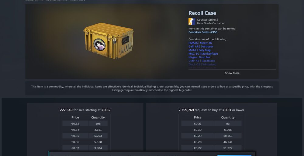 Steam Community Market listings and order book