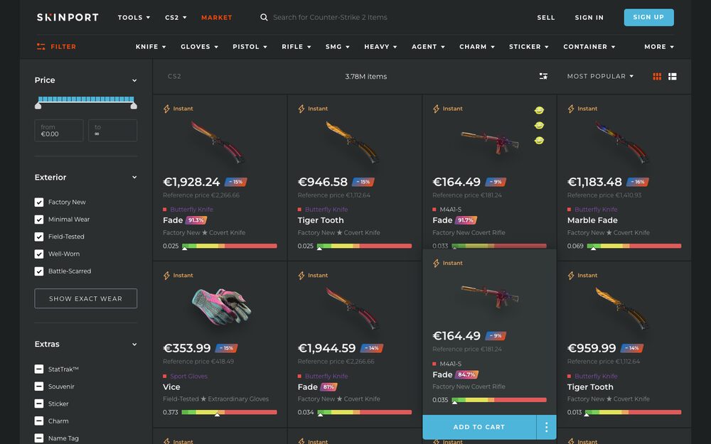 Skinport's CS2 market grid with cash prices